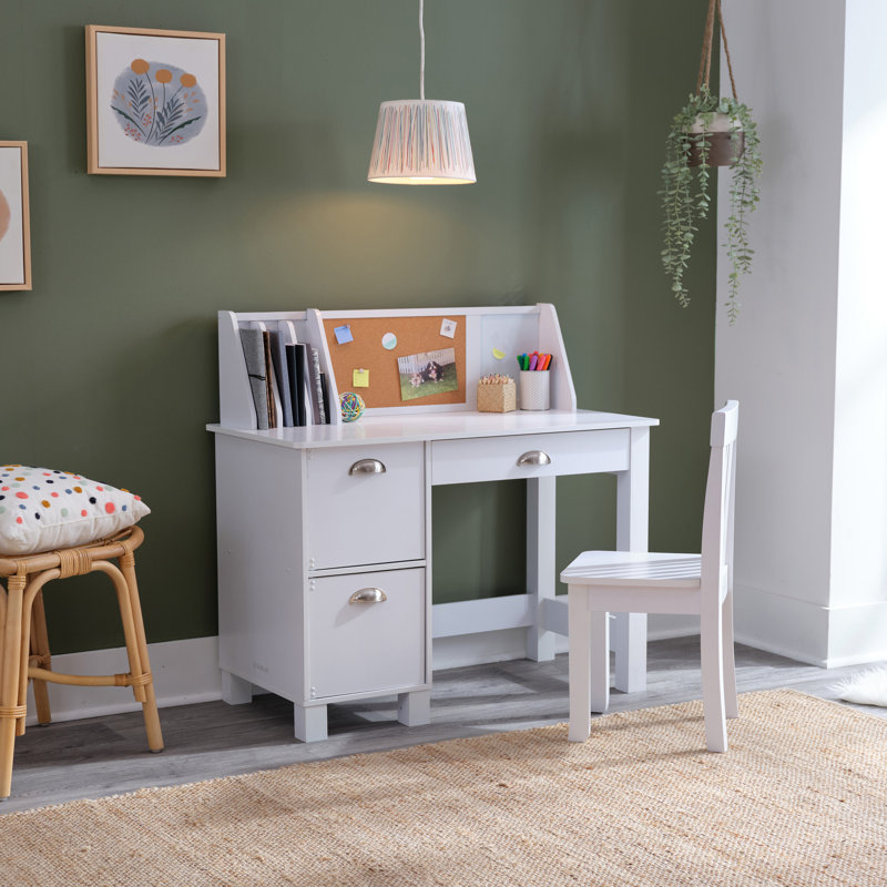 White Wooden Writing Desk with Hutch and Drawers