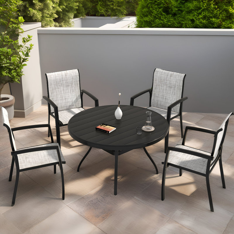Ensemble de salle à manger de patio, chaises de salle à manger empilables et table ronde d'extérieur en métal, Noir, 4
