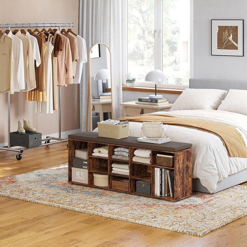 Banc de rangement à chaussures avec coussin, étagère à chaussures d'entrée à 15 compartiments avec étagères réglables, siège amovible et lavable, organisateur brun rustique pour couloir, placard et chambre