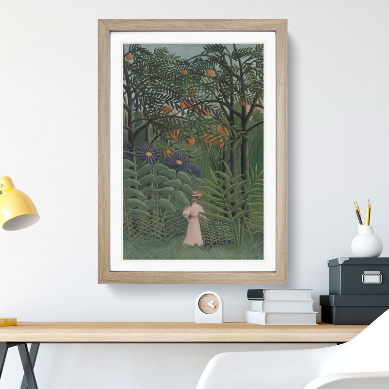 Woman Walking in an Exotic Forest by Henri Rousseau - Picture Frame Painting on MDF, 90cm H x 65cm W x 2cm D, Oak