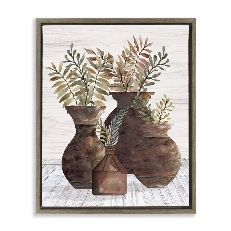 «Rustic Pottery Plants», art mural encadré sur toile flottante par Cindy Jacobs, Cadre flottant orme Montalcino