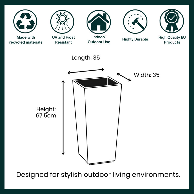 Taito Pot Planter Tall Lightweight Frost Proof Concrete Effect Planter, 67.5cm H x 35cm W x 35cm D, Black