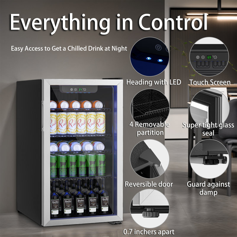 Beverage Refrigerator Cooler, 126 Can/3.2 Cu.ft Mini Fridge with Digital Display, Small Drink Fridge with Adjustable Shelves & Temperature Control for Soda, Beer or Wine, Sliver