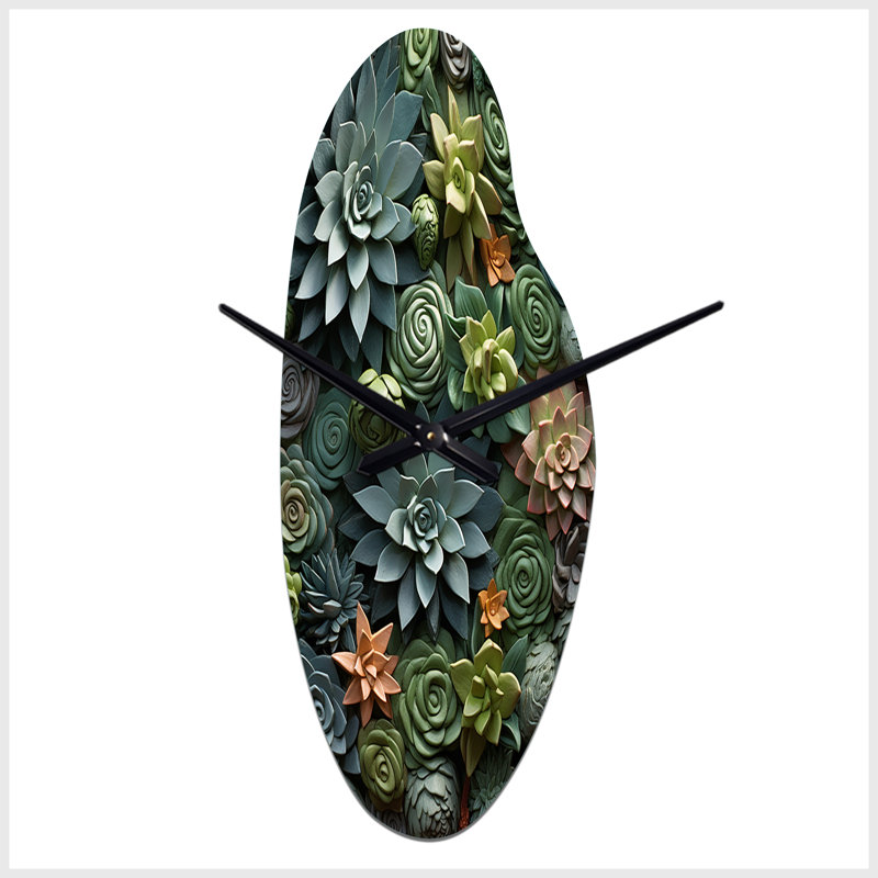 Green Succulents Natures Sculptures - Grande sculpture d'horloge murale verte, Grand