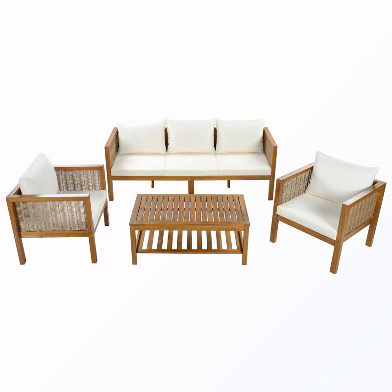 Ensemble de conversation de patio 4 pièces avec canapé, coussins et table basse, Beige