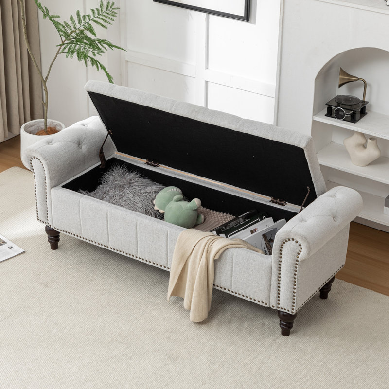 Banc rembourré de 59 po de largeur avec boîte de rangement, Beige