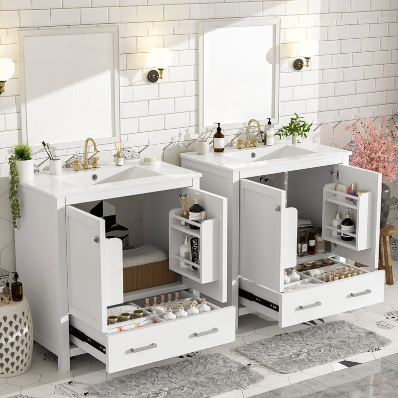 60" Bathroom Vanity Set with Double Vanities, White/Silver