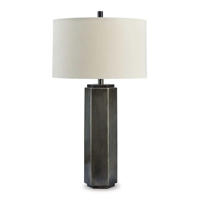Dirkton Hexagon Pewter and Black Table Lamp with Drum Shade