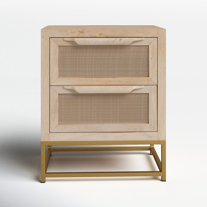 Janie 2-Drawer Natural Rattan and Gold Metal Office Cabinet
