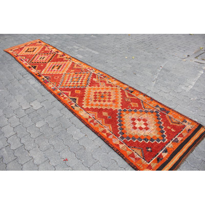 Antique Turkish Herki Wool Runner Rug in Vibrant Red for Hallway or Corridor Decor