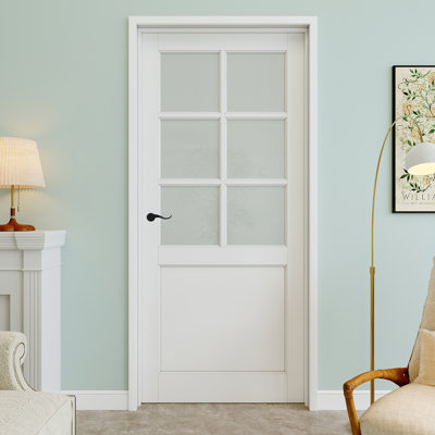 Porte pré-suspendue en verre givré 6-Lite de 36 po x 80 po avec levier incurvé et charnières argentées, dalle de porte d'intimité en verre, peint et imperméable, combinaison pour la lessive, portes de placard, portes de pièce, droite