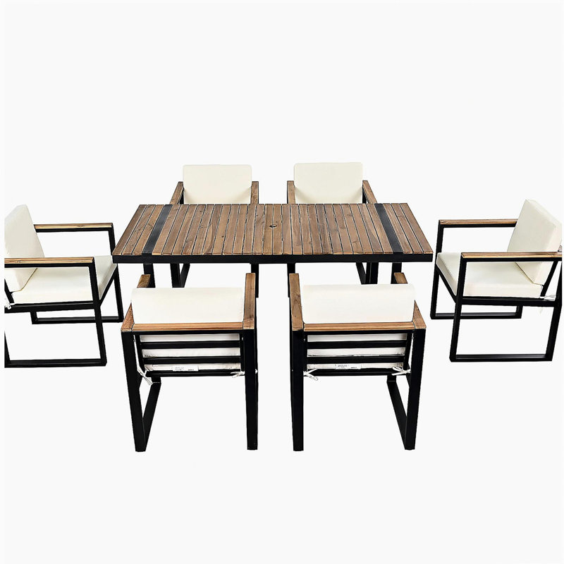 7 Pieces Outdoor Dining Set Patio Dining Table and Chair Set with and Removable Cushions for Patio, Backyard, Garden, Beige