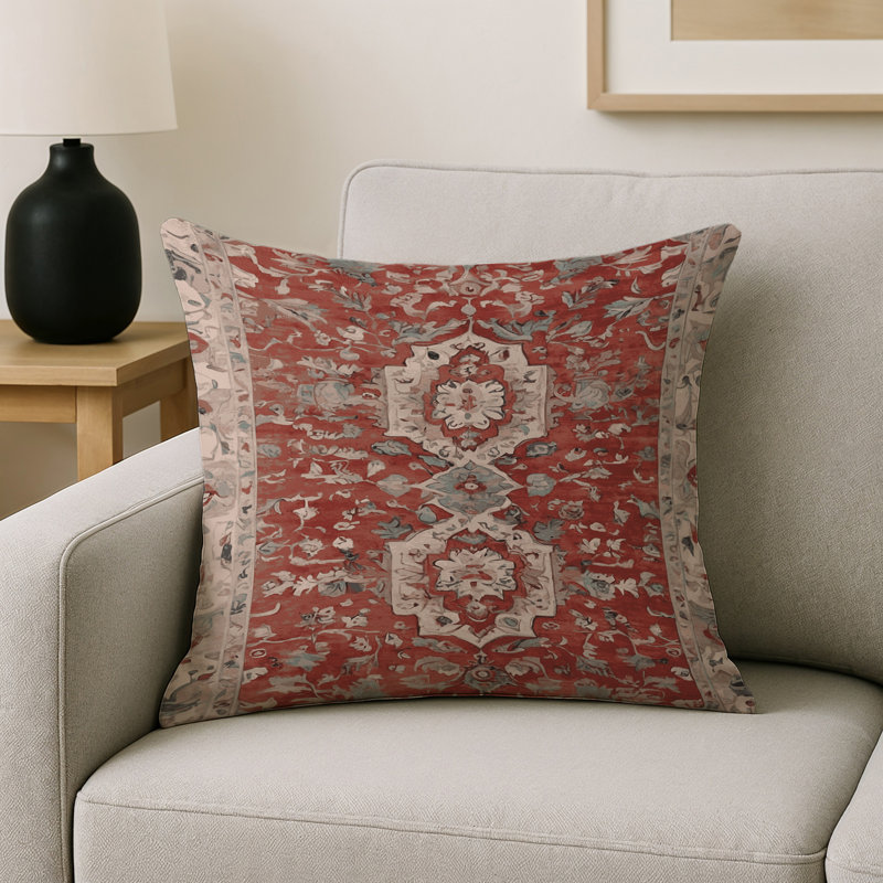 Coussin décoratif intérieur et extérieur Modern, Carré 16 po, Rouge brique / beige / ivoire damassé