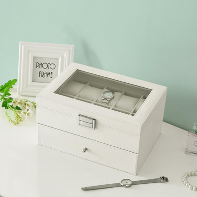Boîte à montre, boîte à montre à 20 fentes pour homme, vitrine à 2 couches avec grand couvercle de montre en verre