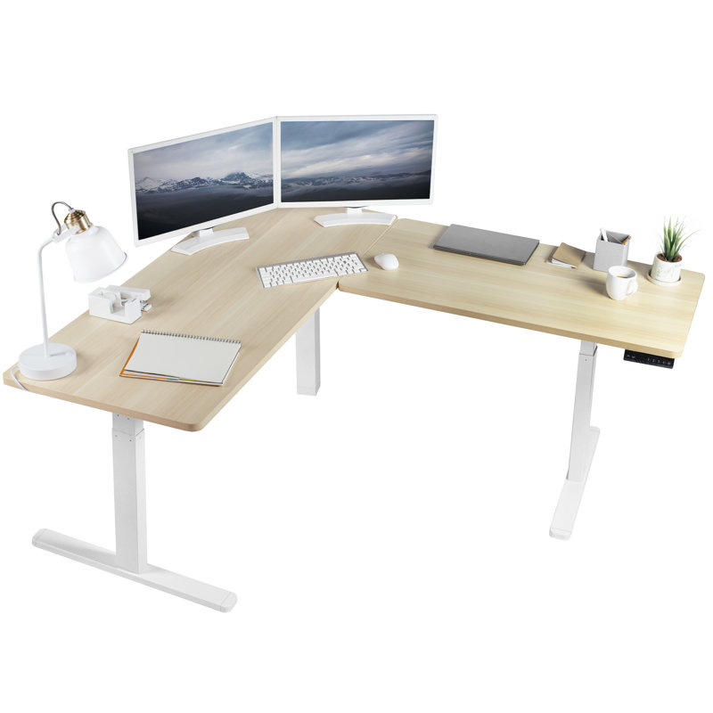 VIVO Light Wood & White Electric L-Shaped Adjustable Desk
