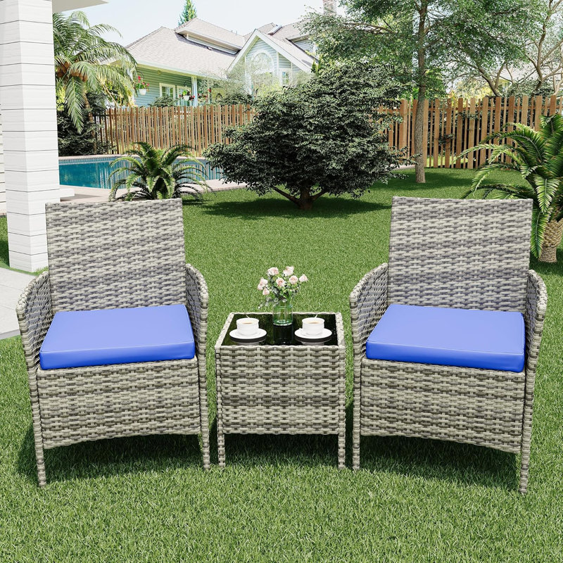 3 Piece Patio Bistro Set, Outdoor PE Rattan Wicker Furniture Set with 2 Chairs and Glass Top Coffee Table, Small Porch Furniture Conversation Set with Cushions for Balcony, Yard, Garden