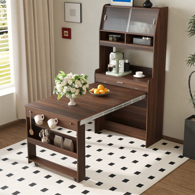 Buffet compact de 33,5 x 15,7 x 69 pouces avec huche et table de salle à manger pliable, armoire multifonctionnelle avec tablette de rangement et crochets latéraux pour petits espaces