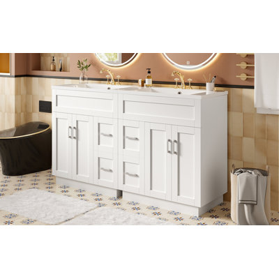 60-Inch Bathroom Vanity With 4 Cabinet Doors, 4 Drawers, 2 Adjustable Shelves, Dual Resin Sinks, Hidden Soft-Close Drawers & Soft-Close Hinges