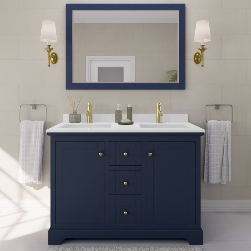 Ensemble de meuble-lavabo double 48 po avec miroir Avery, Bleu foncé, Noir mat, Blanc / quartz noir