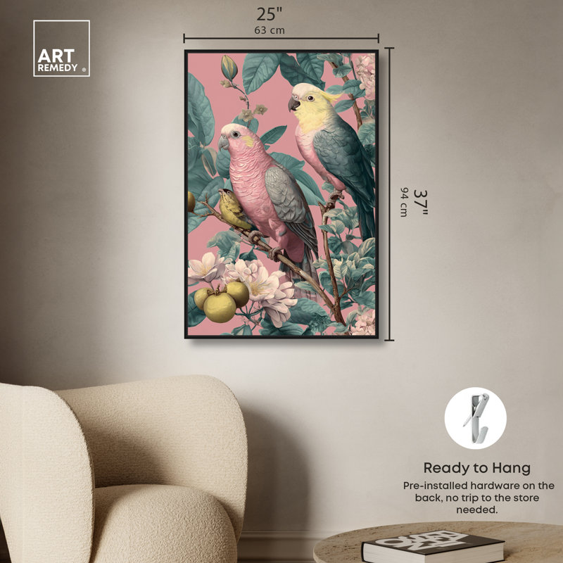 Perroquet perché II, impression sur toile encadrée par Art Remedy, cadre noir, 24 x 36, 37"H x 25"W, Black Frame