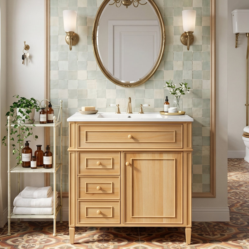 30" Natural Wood Grain Bathroom Vanity With Ceramic Sink, Solid Wood Frame, 1 Flip-Out Drawer & 1 Door Storage Rack & 2 Soft-Close Drawers (Wood / Light Wood)