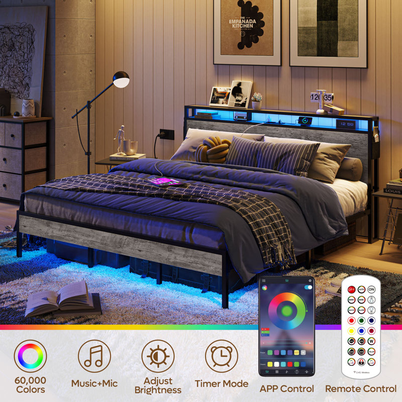 King Size Rustic Metal Platform Bed with LED Storage Headboard