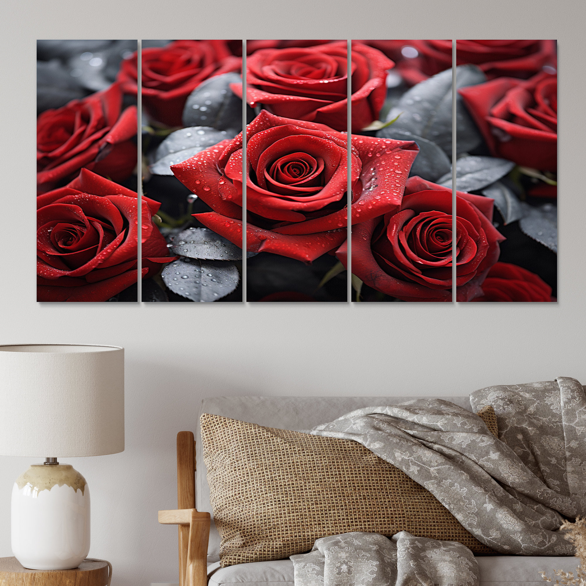 Design Art Red Grey Rose Eternal Beauty Floral Metal Wall Art Living