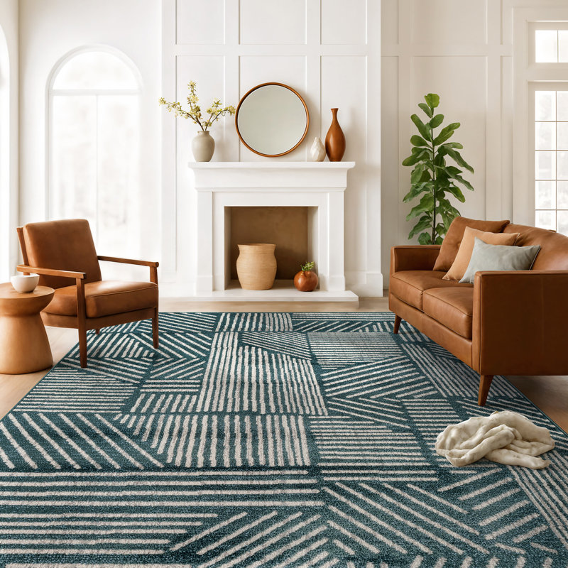 Rambo Geometric Black/Ivory Area Rug, Rectangle 5' x 7', Teal