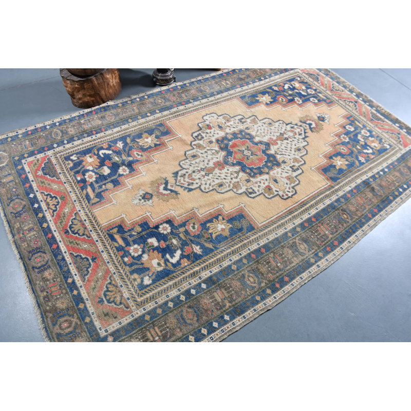 Handcrafted Vintage Turkish Oushak Rug in Beige for Living Room or Boho Floor Decor Blue/Brown