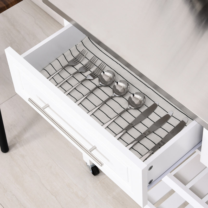 Chariot de rangement roulant, plateau en acier inoxydable et aspect rustique, gris, 3 tablettes avec tiroirs pour une utilisation quotidienne de style comptoir de cuisine, organisation des tablettes