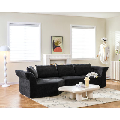 Modern Minimalist Modular Sectional Sofa, Left Arm, Wide Armrests & Throw Pillows, Elegant Curved Corner Sofa for Living Room & Bedroom-Black