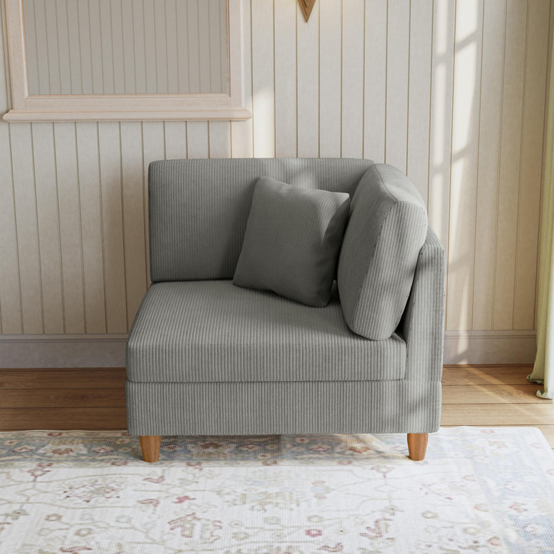 Seemab Upholstered Corduroy Armchair with Pillow Back, One Arm Single Chair Module Part For Sectional Sofa, Light Gray