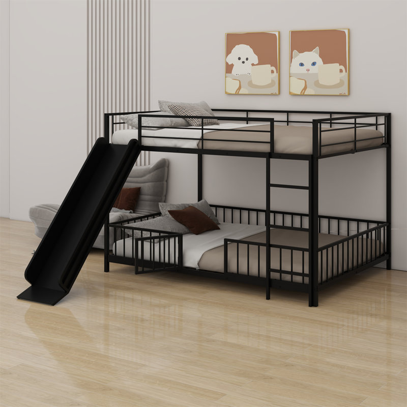 Metal Bunk Bed With Slide And Guardrails, Twin Over Twin, Black