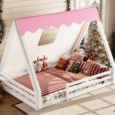 Blanc et rose Lit double avec tente, construction en bois massif et garde-corps Tente de tipi rose et blanc - Concept inspiré, caractéristiques