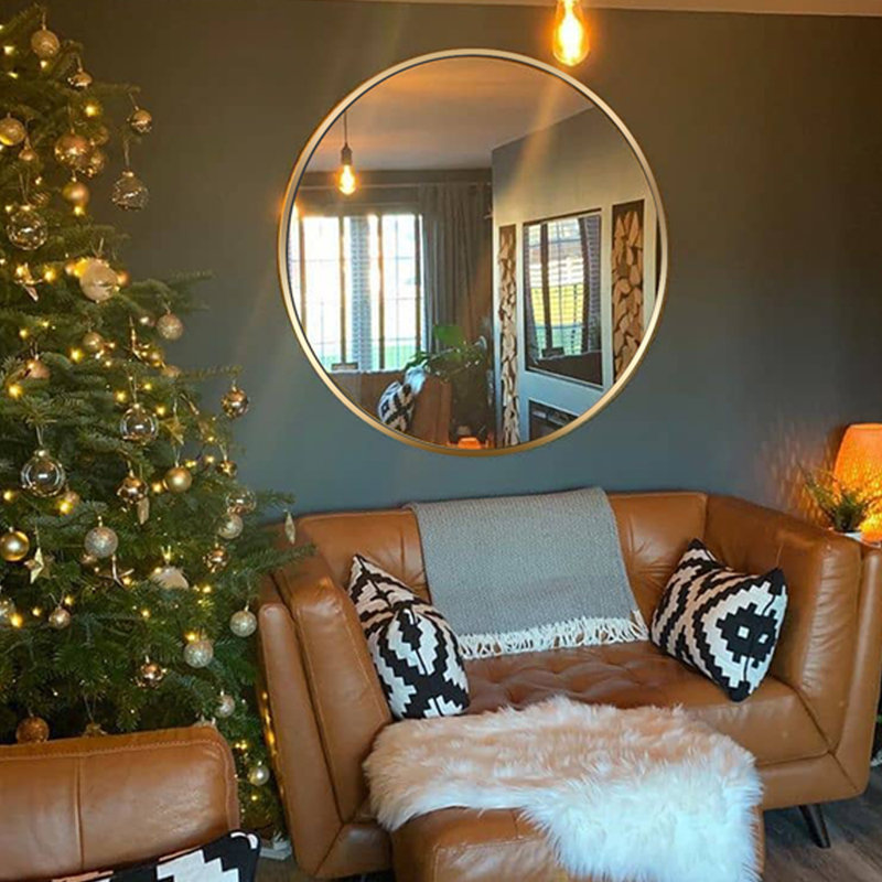 Round Wall Mirror with Metal Frame, 24" x 24", Black