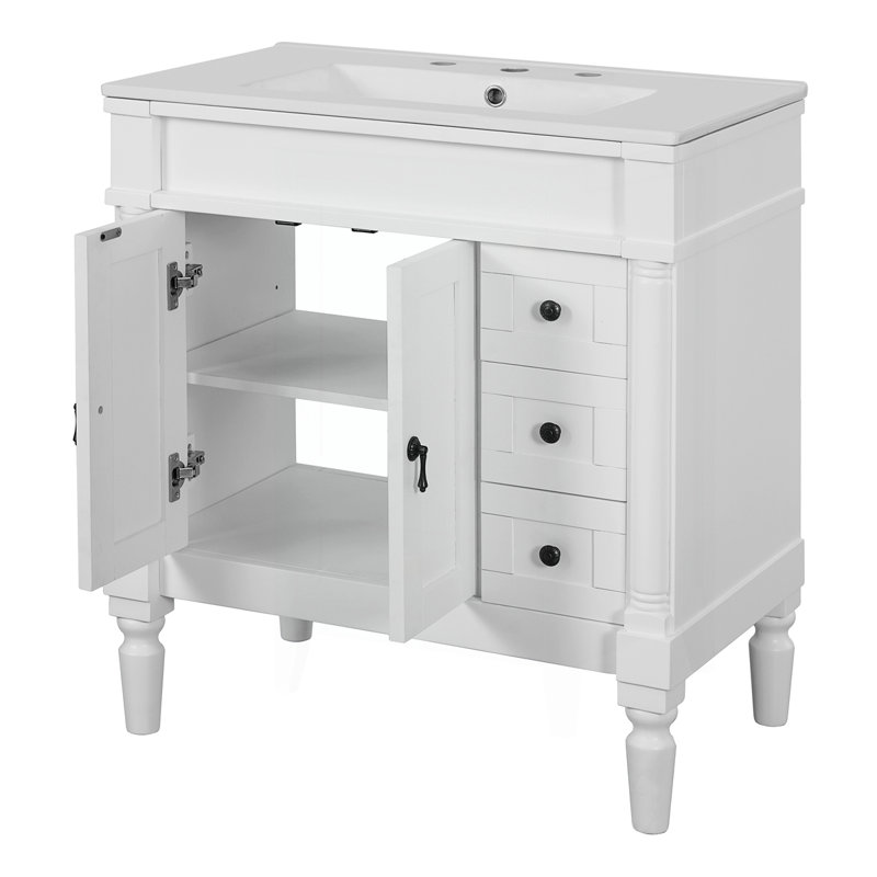Meuble-lavabo moderne de 30 pouces avec 2 portes et 3 tiroirs, Blanc