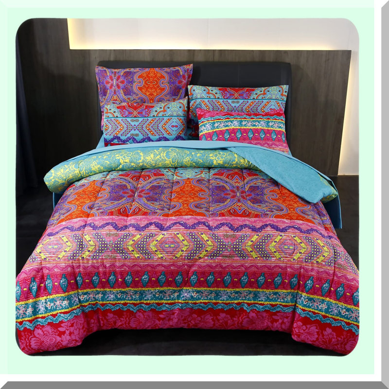 Colourful Boho Chic Queen Comforter Set - 3 Piece Reversible Bedding Retro Print. Soft Microfiber, All Season Bed Set for Bohemian Style Bedroom.