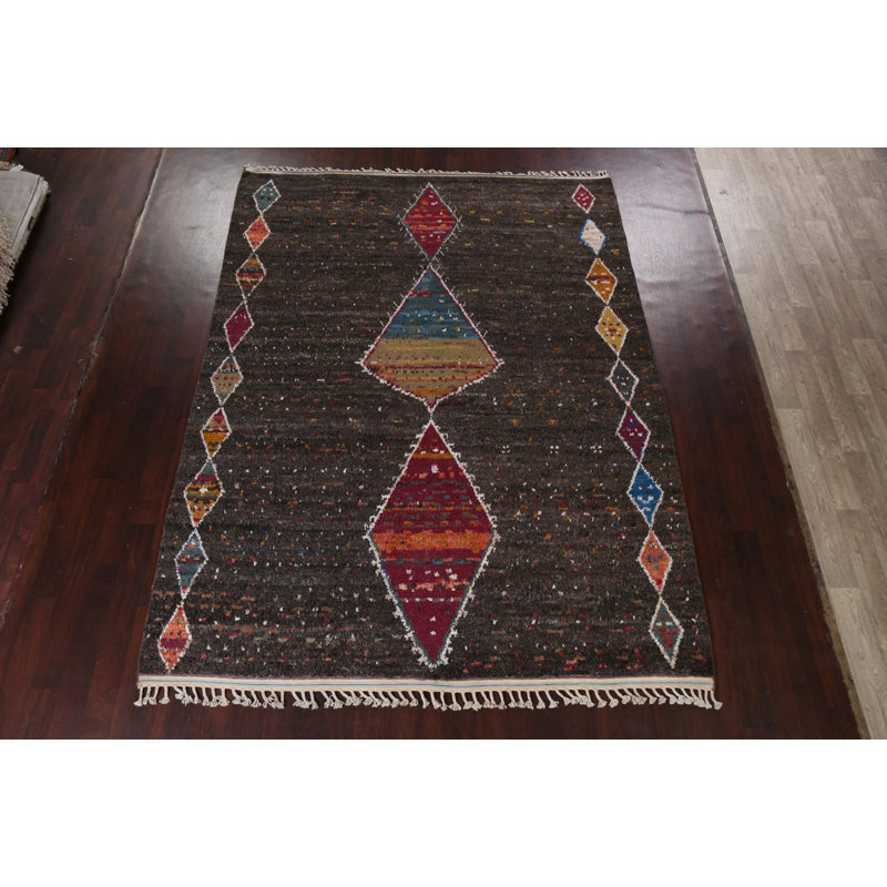 Tapis gris anthracite en laine noué à la main de conception unique 8 pi 3 po x 10 pi 11 po