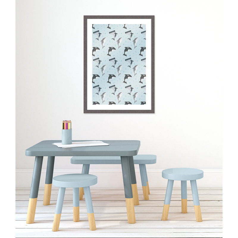 «Happy Fish», impression sur papier, H 24,5 po x l 20,5 po x P 0,6 po, Encadré plat à grain de bois gris