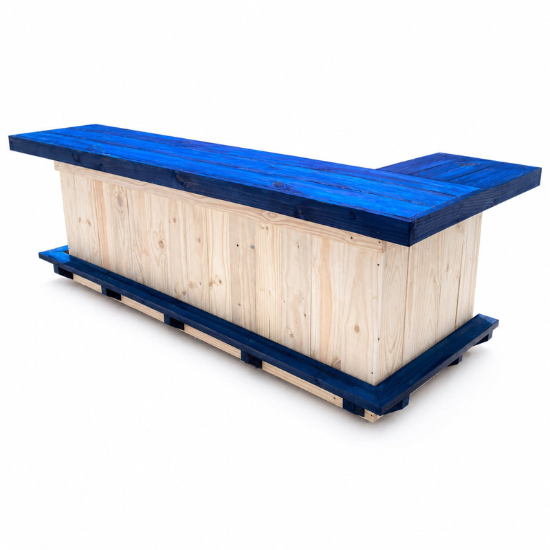 Station de barman en forme de L 8 pi avec demi-tablette, repose-pieds double et plateau en bois teinté