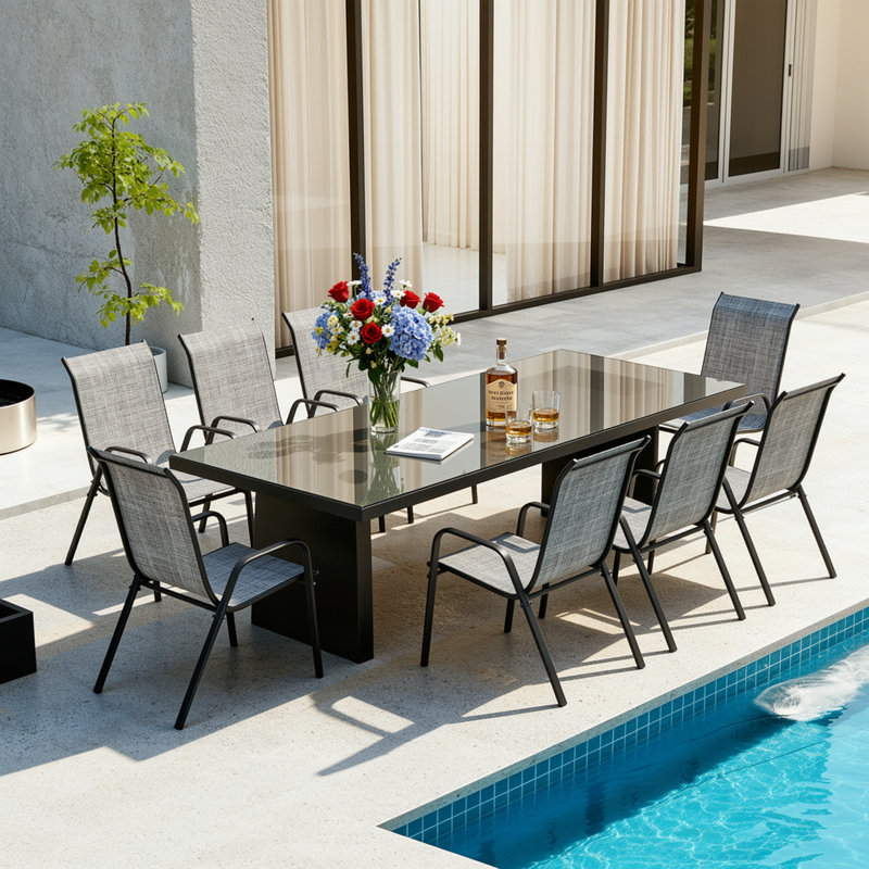 Chaises de patio empilables toutes saisons, tissu textilène durable avec accoudoirs, structure en métal robuste, chaises de salle à manger d'extérieur à séchage rapide ergonomiques pour la cour et la piscine (gris, 8 pièces)