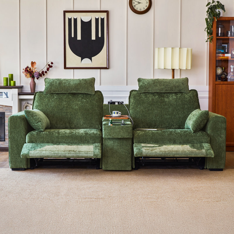 Olar 2-seater Chenille Loveseat Power Recliner Sofa With Headrest Oversized Cloud Modular Sectional Reclining Couch With Table, Storage Drawer