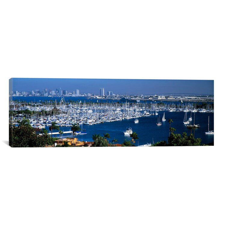 Panoramic Aerial View of Boats Moored at a Harbor, San Diego, California Photographic Print on Canvas
