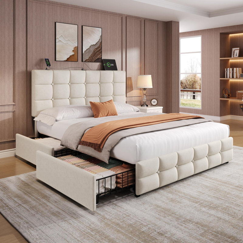 4ft6 Upholstered Bed With 4 Storage Drawers, Beige