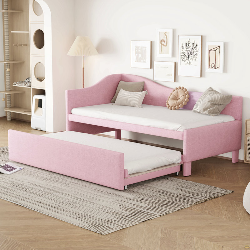 Twin Size Upholstered L-Shaped Upholstered Daybed With Pop Up Trundle, Pink