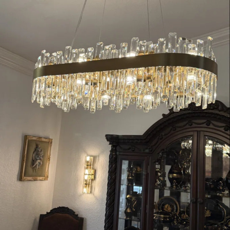 Kacy Dimmable 16/20-Light Gold Rectangle Crystal Chandelier, Modern Ceiling Light for Kitchen Island or Dining Room, Clear