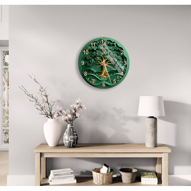 Horloge murale arbre de vie, art de la forêt en verre trempé - grand décor de scène de nature verte - cadeau de pendaison de crémaillère unique, horloge de salon moderne