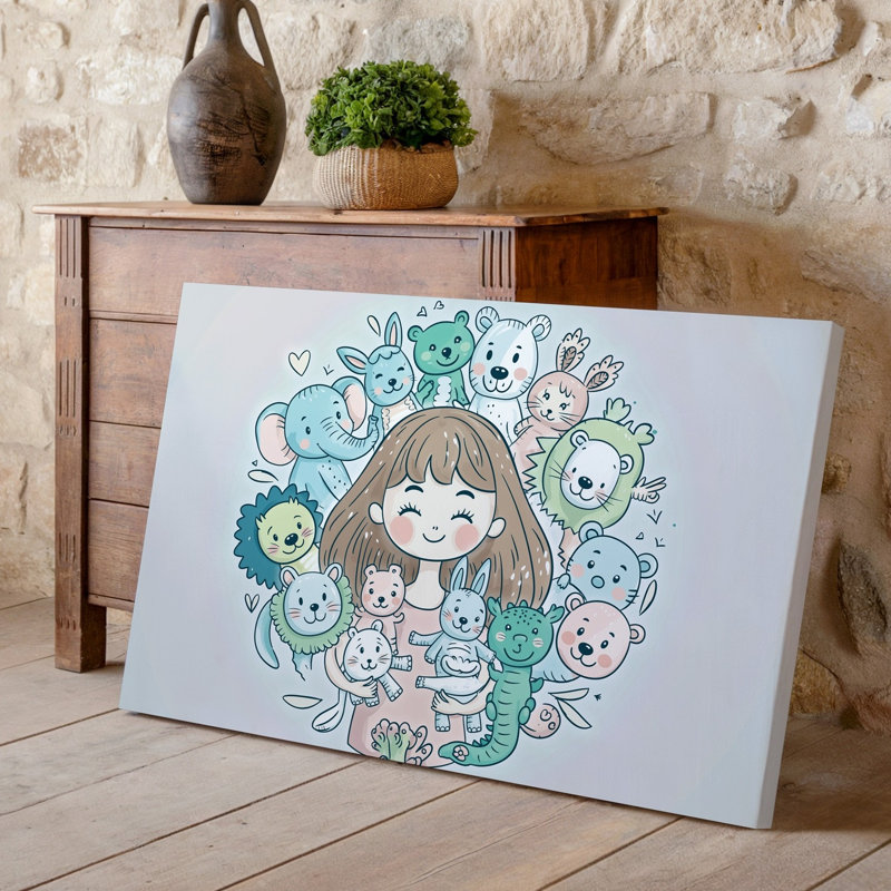 Toile, Illustration fantaisiste mettant en vedette une jeune fille avec une joyeuse expression murale entourée d'une rangée d'animaux adorables, art mural