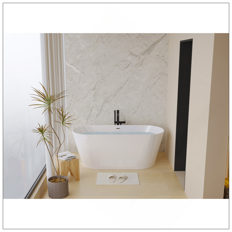Baignoire autoportante en acrylique de 55 po, baignoire autoportante, acrylique blanc brillant, bonde chromée Toe-Tap, certification Cupc