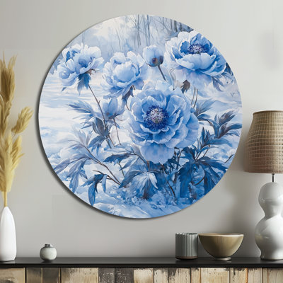 Pivoines bleues glacées dans le givre II - décoration murale traditionnelle en métal bleu